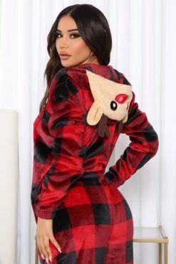 Fashion Nova Pajama Rompers & Jumpsuits Cabin Reindeer Plush PJ Jumpsuit Onesie - Red/Black