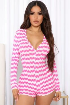 Fashion Nova Give Me Your Heart PJ Romper Onesie - Pink/combo Pajama Rompers & Jumpsuits