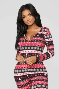 Fashion Nova Baby It's Cold Outside PJ Onesie - Red/combo Pajama Rompers & Jumpsuits