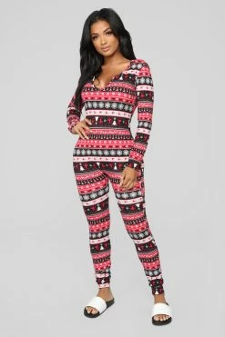 Fashion Nova Baby It's Cold Outside PJ Onesie - Red/combo Pajama Rompers & Jumpsuits
