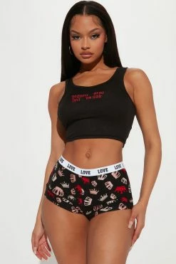 Fashion Nova Heaven Sent PJ Boyshort Set - Black/combo Pajama Sets