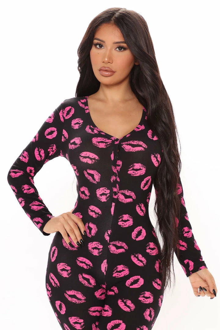 Fashion Nova Kiss Of Bliss PJ Jumpsuit Onesie - Black/combo