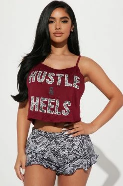 Fashion Nova Hustle & Heels PJ Short Set - Wine/combo