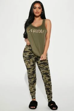Fashion Nova Pajama Sets Trouble Make PJ Jogger Set - Olive/combo