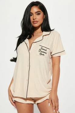 Fashion Nova Pajama Sets Always Sleeping In PJ Short Set - Mocha/combo