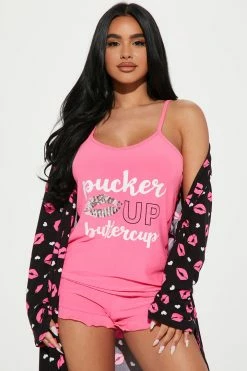Fashion Nova Pucker Up Buttercup PJ Robe Set - Hot Pink/combo Pajama Sets
