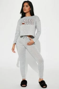 Fashion Nova Pajama Sets Need Coffee First PJ Jogger Set - Heather Grey