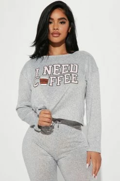 Fashion Nova Pajama Sets Need Coffee First PJ Jogger Set - Heather Grey