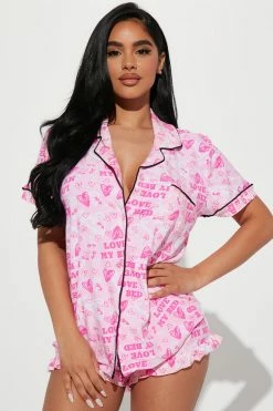 Fashion Nova Pajama Sets Only Love For My Bed 2 Piece PJ Short Set - Pink/combo