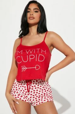 Fashion Nova Cupid Cutie PJ Short Set - Red/combo