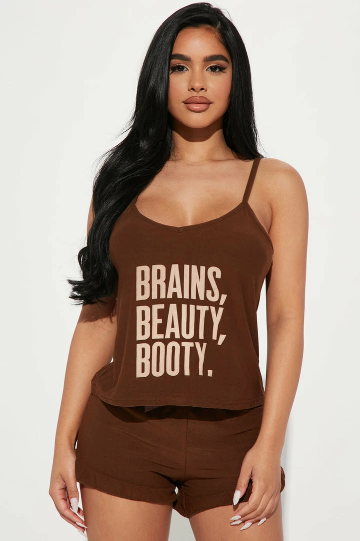 Fashion Nova Brain Beauty And Booty PJ Short Set - Brown