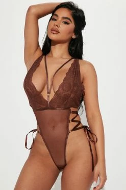 Fashion Nova Soulmate Ties Lace Up Teddy - Brown