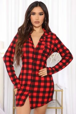 Fashion Nova Robes & Sleep Shirts Warm By The Fireplace PJ Sleep Shirt - Red/Black