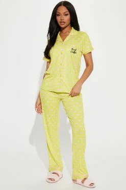 Fashion Nova Pajama Sets Love My Morning Coffee PJ Pant Set - Yellow/combo
