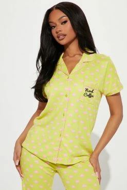 Fashion Nova Pajama Sets Love My Morning Coffee PJ Pant Set - Yellow/combo