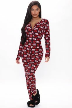 Fashion Nova Addictive Kisses PJ Jumpsuit Onesie - Red/combo Pajama Rompers & Jumpsuits