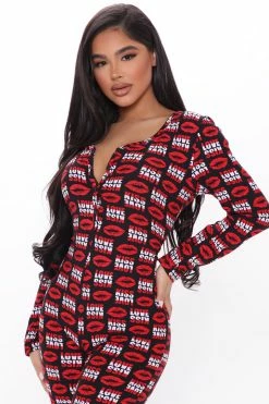 Fashion Nova Addictive Kisses PJ Jumpsuit Onesie - Red/combo Pajama Rompers & Jumpsuits