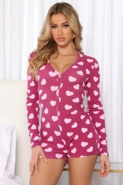 Fashion Nova Pajama Rompers & Jumpsuits Heart To Heart Ribbed PJ Romper Onesie - Purple