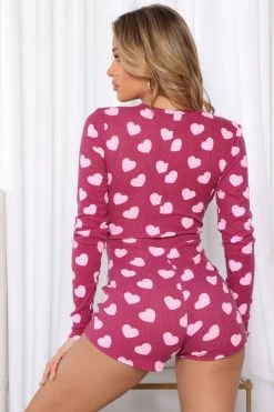 Fashion Nova Pajama Rompers & Jumpsuits Heart To Heart Ribbed PJ Romper Onesie - Purple