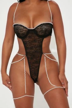 Fashion Nova Pretty In Pearls Garter Teddy - Black Sexy Sleepwear