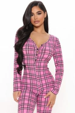 Fashion Nova Pajama Rompers & Jumpsuits On Plaid Behavior PJ Jumpsuit Onesie - Pink/combo