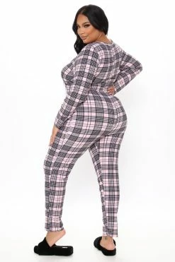 Fashion Nova Plaid The Game Jumpsuit PJ Onesie - Pink/combo Pajama Rompers & Jumpsuits