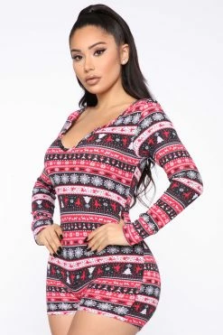 Fashion Nova Home For The Holidays Sleep Romper - Black/combo
