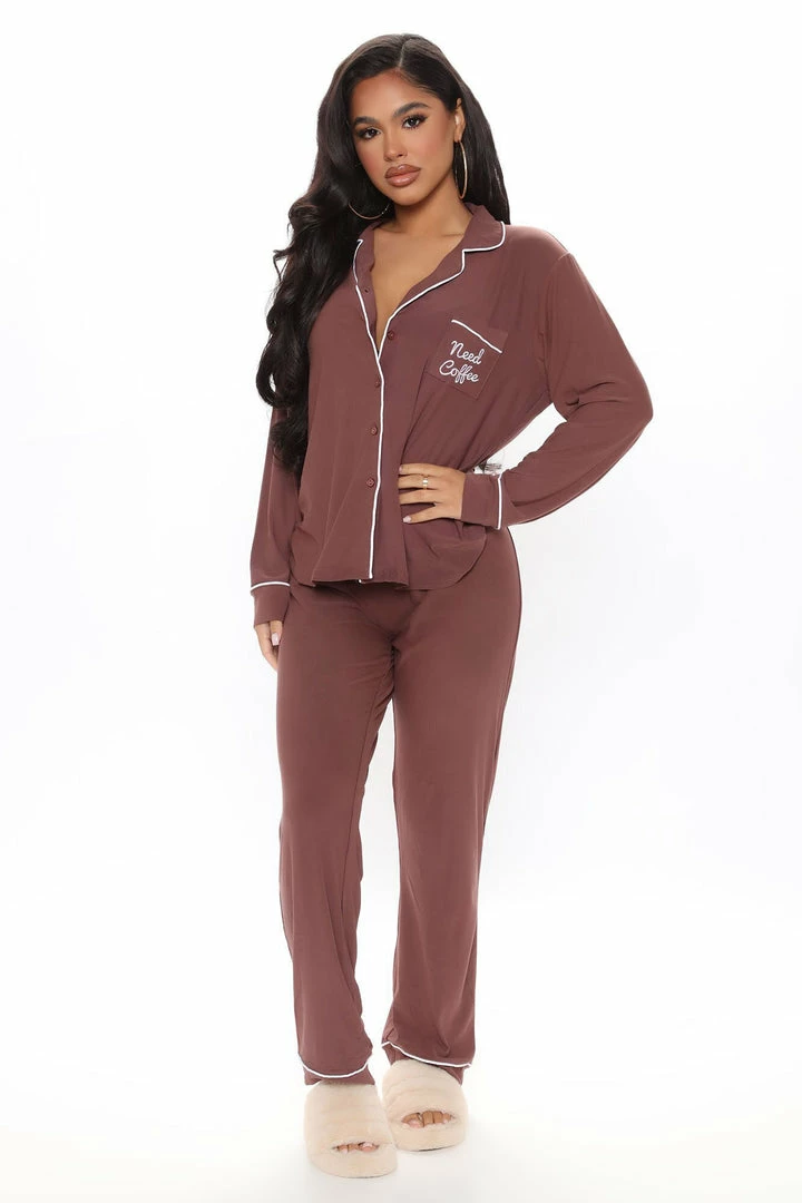 Fashion Nova Need Coffee PJ Pant Set - Chocolate