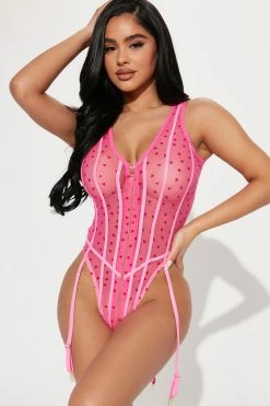 Fashion Nova Sexy Sleepwear Hearts Racing Corset Teddy - Pink