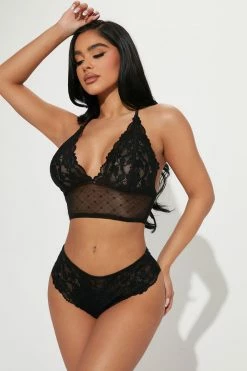 Fashion Nova Sexy Sleepwear Don't Call My Phone Lace 2 Piece Set - Black