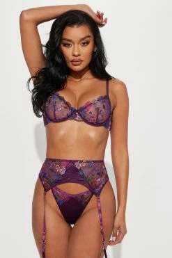 Fashion Nova Send Me A Gift Lace Garter 3 Piece Set - Purple/combo Sexy Sleepwear