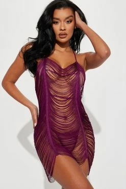 Fashion Nova Sexy Sleepwear Roaring Nights Fringe Chemise 2 Piece Set - Purple