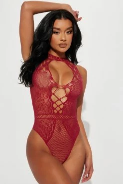 Fashion Nova Sexy Sleepwear Late Night Fantasy Bodystocking Teddy - Burgundy