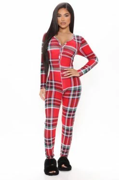 Fashion Nova Snuggle Season PJ Jumpsuit Onesie - Red/combo