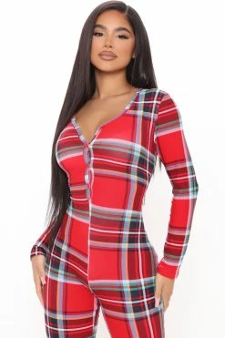 Fashion Nova Snuggle Season PJ Jumpsuit Onesie - Red/combo