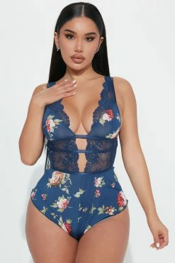 Fashion Nova Comfortable With Me Lounge Sleep Teddy - Blue/combo