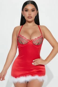 Fashion Nova Sexy Sleepwear Peppermint Kisses Satin Babydoll - Red/combo