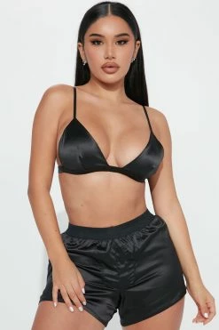 Fashion Nova Don't Text Me Satin 2 Piece Set - Black Sexy Sleepwear