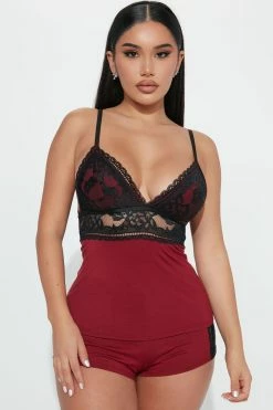Fashion Nova Pajama Sets Comfy In Your Arms PJ Short Set - Burgundy/combo