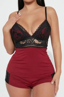 Fashion Nova Pajama Sets Comfy In Your Arms PJ Short Set - Burgundy/combo