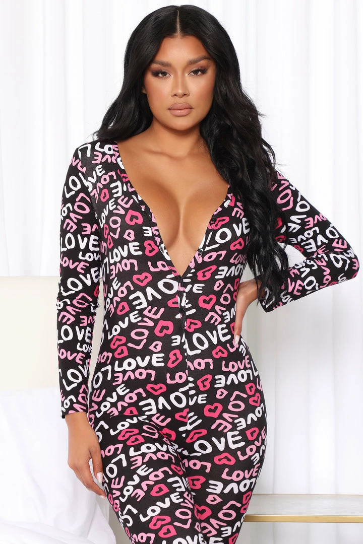 Fashion Nova Morning Love PJ Jumpsuit Onesie - Black/Pink Pajama Rompers & Jumpsuits