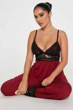 Fashion Nova Pajama Sets Comfy In Your Arms PJ Pant Set - Burgundy/combo
