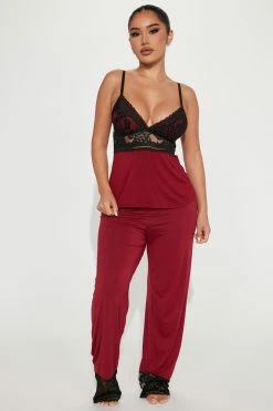 Fashion Nova Pajama Sets Comfy In Your Arms PJ Pant Set - Burgundy/combo