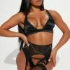 Fashion Nova Blowing You Kisses Satin 3 Piece Garter Set - Black Sexy Sleepwear
