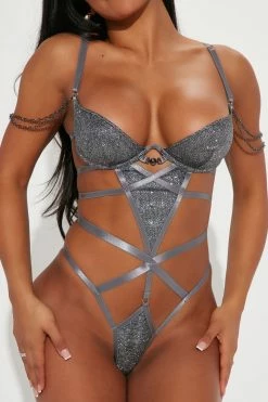 Fashion Nova Watch Me Sparkle Strappy Teddy - Charcoal