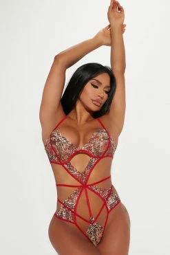 Fashion Nova Silent Seduction Snake Mesh Teddy - Red Sexy Sleepwear