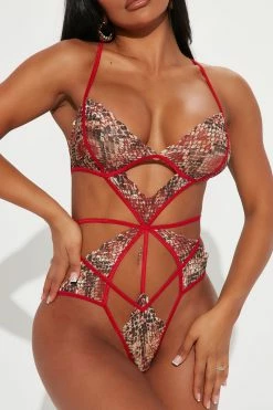 Fashion Nova Silent Seduction Snake Mesh Teddy - Red Sexy Sleepwear