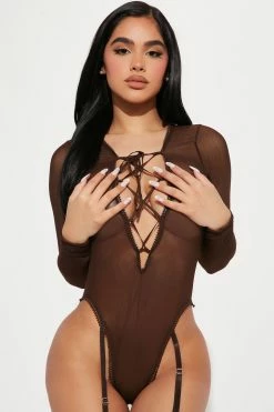 Fashion Nova Sexy Sleepwear Naturally Sexy Mesh Lace Up Teddy - Chocolate