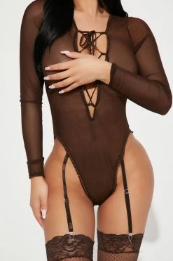 Fashion Nova Sexy Sleepwear Naturally Sexy Mesh Lace Up Teddy - Chocolate