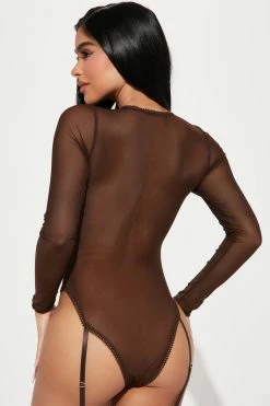 Fashion Nova Sexy Sleepwear Naturally Sexy Mesh Lace Up Teddy - Chocolate